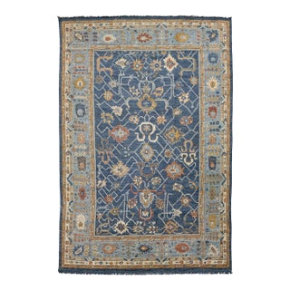 14x20 Hand-Knotted Modern Oushak Style Wool Rug in Indigo Blue & Earthy Motifs For Sale