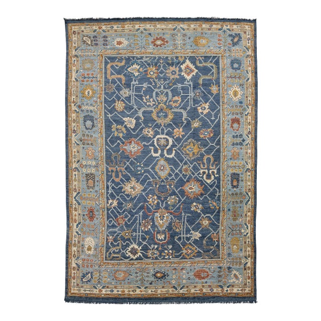 14x20 Hand-Knotted Modern Oushak Style Wool Rug in Indigo Blue & Earthy Motifs For Sale