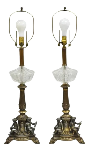 Antique French Empire Renaissance Gilt Metal & Glass Cherub Table Lamps a Pair