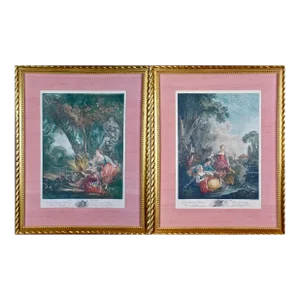 rPair of Hand-Colored Romantic French Engravings After Francois Boucher