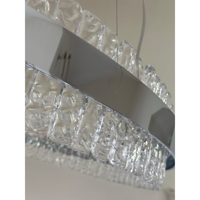 Mid-Century Modern Murano Glass "Ice" Chandelier Hammered Clear Glass in Polish Kromo Ring With Strip Led For Sale - Image 3 of 12