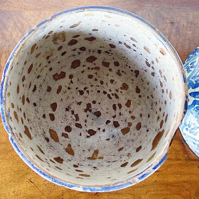 Blue Antique Blue and White Lidded Pottery Jar For Sale - Image 8 of 9