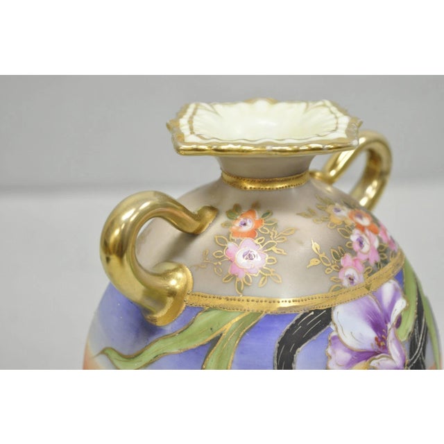 Gold Antique Nippon Moriage Hand Painted Porcelain Purple Iris & Gold Gilt Vase Pair For Sale - Image 8 of 18