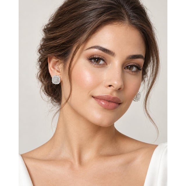 Elegant round cluster statement earrings finely crafted in solid 18K white gold. Centered and surrounded by authentic...