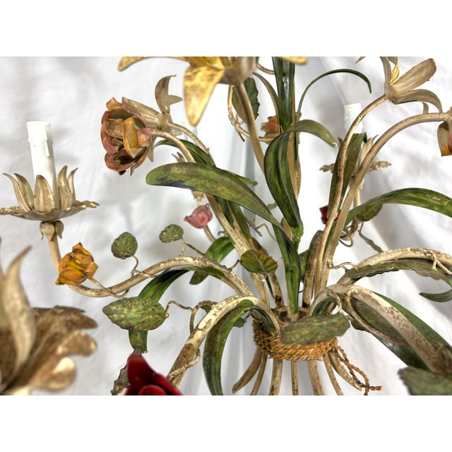 Vintage Tole 6-Light Chandelier With Flower Motif and Honest Patina For Sale - Image 18 of 18