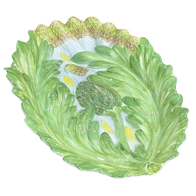 Vintage ceramic leaf dish with pink and green asparagus and artichoke. Made in Italy for Mill Pond House. Hand painted.