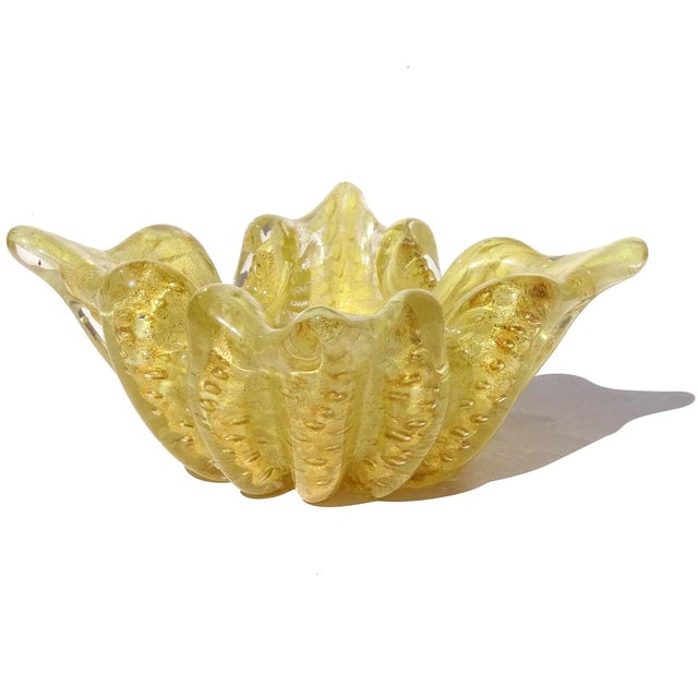 Beautiful vintage Murano hand blown bright yellow and gold flecks Italian art glass ribbed with spike corners bowl / cigar...