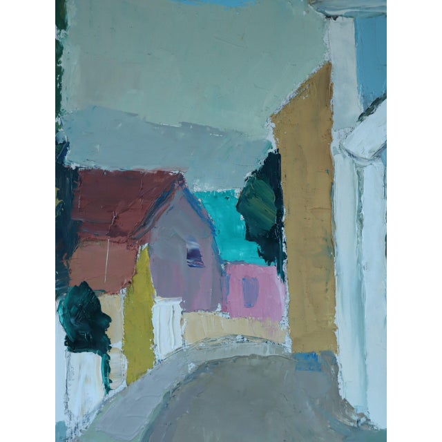 Blue Mid-Century Modern 'Walking Home Together' Vintage Original Swedish Naïve Style Street Scene Oil Painting, Framed For Sale - Image 8 of 12