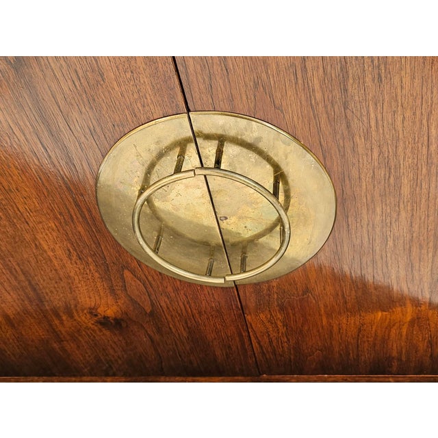 Mid 20th Century Mid-Century Set of 2 Stackable Chinoiserie Rosewood Campaign Style Cabinet and Chest of Drawers With Retractable Pull-Up Side Handles For Sale - Image 5 of 12