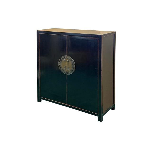 Asian Oriental Black Lacquer Slim Round Moon Face Storage Cabinet For Sale - Image 3 of 13