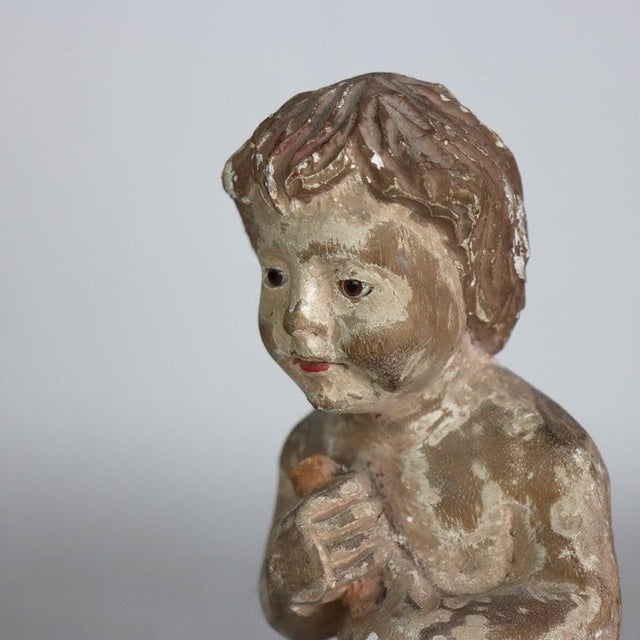 Italian Carved Wood Putti Musician Figures With Glass Eyes C1920 For Sale - Image 4 of 11