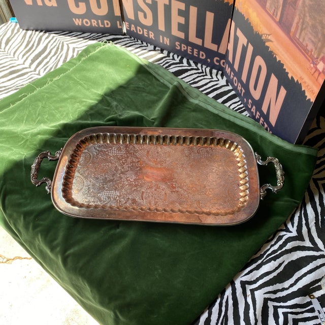 1970s Large Footed Silver Serving Tray With Etchings For Sale - Image 11 of 11