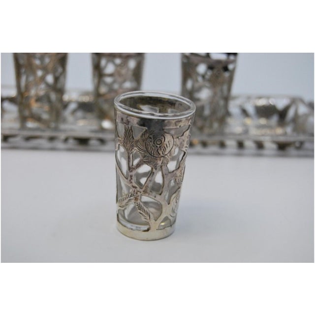 Glass Cups with Cut-Out Silver Application and Tray with Trim, Set of 10, in Good conditions.