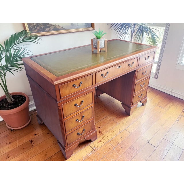 1980s Antique Twin Pedestal Desk in Yew Wood with Leather Top, 1980s For Sale - Image 5 of 18