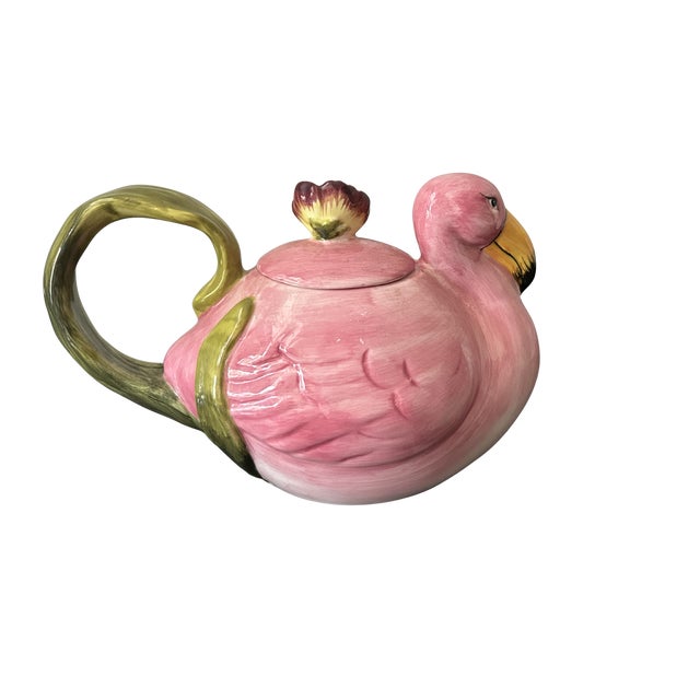 Vintage 1980s Flamingo Teapot – Trompe L’Oeil Majolica-Style Hand-Painted Ceramic Pink Flamingo Tea Pot For Sale - Image 6 of 6