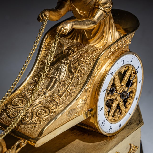Metal Empire Mantel Clock with Putto in Chariot by Thiery À Paris For Sale - Image 7 of 11