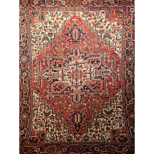 Vintage Persian Heriz Rug, Hand-Knotted Wool, Geometric Medallion Pattern, Red & Navy, 9x11 For Sale - Image 10 of 17