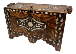 Antique 19th C. Moroccan Wooden Hand Crafted Mother of Pearl and Copper Dowry Box