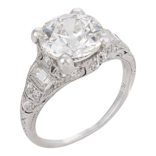 1930s Art Deco Gia 3.11 Carat Old European Cut Diamond Platinum Engagement Ring, Size 6 For Sale