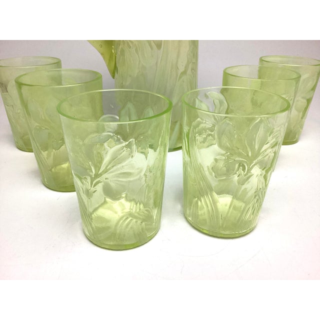 Early 20th Century Early 20th Century Rare Northwood Opalescent Daffodil Uranium Glass Pitcher & Six Glasses Water Lemonade Set For Sale - Image 5 of 10