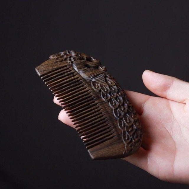 Antique-Style Chinese Agarwood Comb With Hand-Carved Peacock Detail For Sale - Image 6 of 10