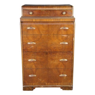 Antique Art Deco Walnut Bakelite Waterfall Dresser Chest of Drawers 53" For Sale