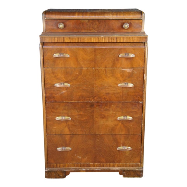 Antique Art Deco Walnut Bakelite Waterfall Dresser Chest of Drawers 53" For Sale