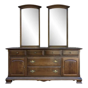 1970s Ethan Allen Classic Manor Traditional Maple Low Dresser With Mirrors (15-5213)