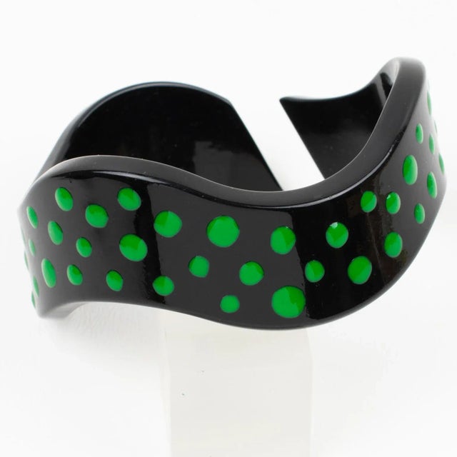 Plastic Missoni Black Lucite Resin Bracelet Bangle Purple and Green Dots, a pair For Sale - Image 7 of 12