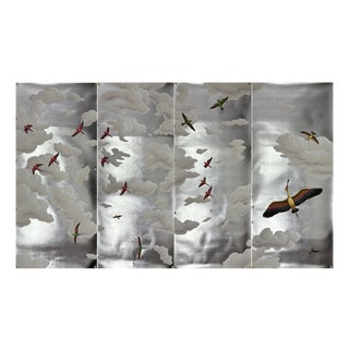 Hand Painted Silver Leaf Sky & Flying Birds Panoramic Mural Panels | Set of 4 Panels 3ft×8ft Custom Cloud Wallpaper For Sale