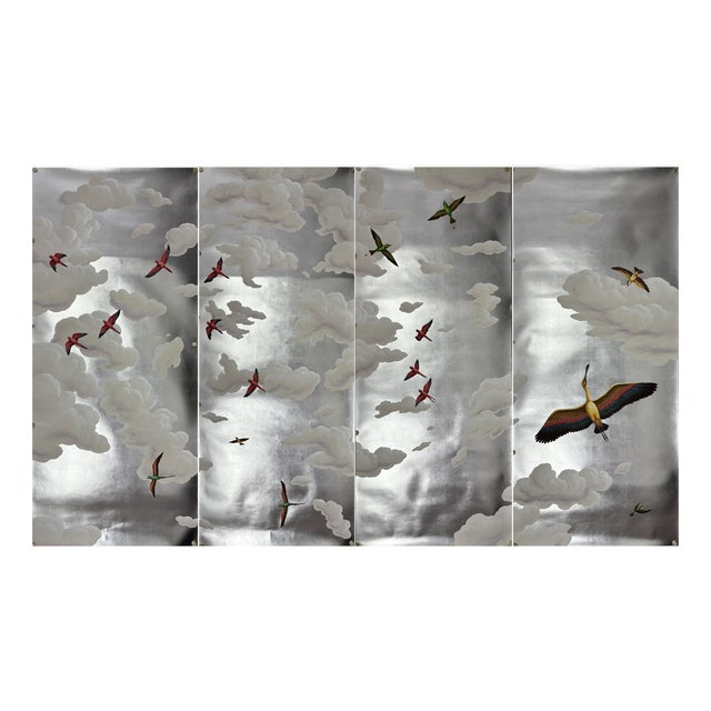 Hand Painted Silver Leaf Sky & Flying Birds Panoramic Mural Panels | Set of 4 Panels 3ft×8ft Custom Cloud Wallpaper For Sale