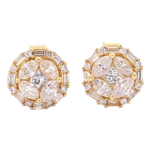 18k Gold 0.72 Carat Natural Diamond Cluster Illusion Set Round Stud Earrings - 2 Pieces