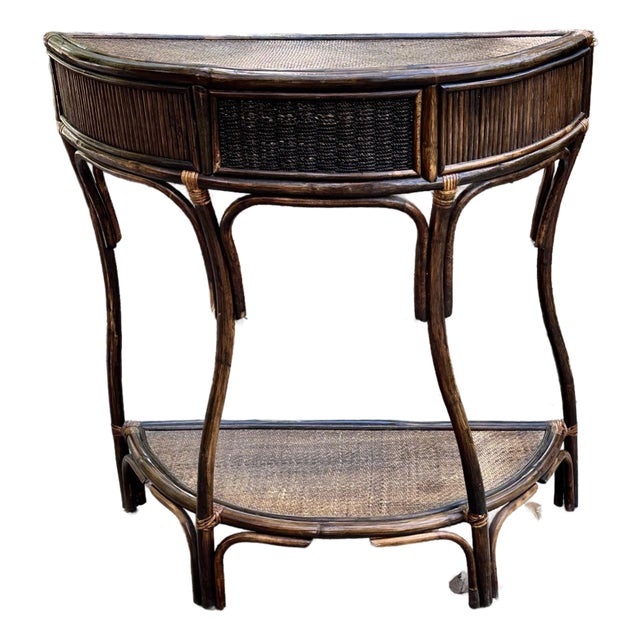 Chinoiserie Dark Bamboo and Rattan Demi Lune Table For Sale