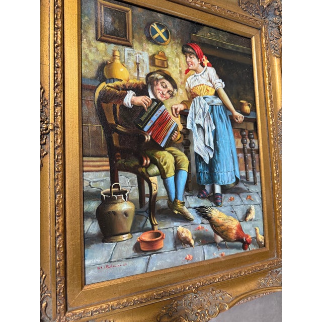 Victorian 1930s Victorian Oil Painting Signed After Eugenio Zampighi by M.Blanco 22x26 For Sale - Image 3 of 9