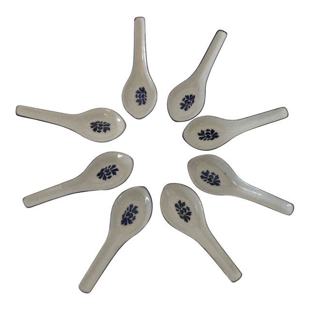 Vintage Porcelain Asian Soups Spoons- Set of 8 For Sale