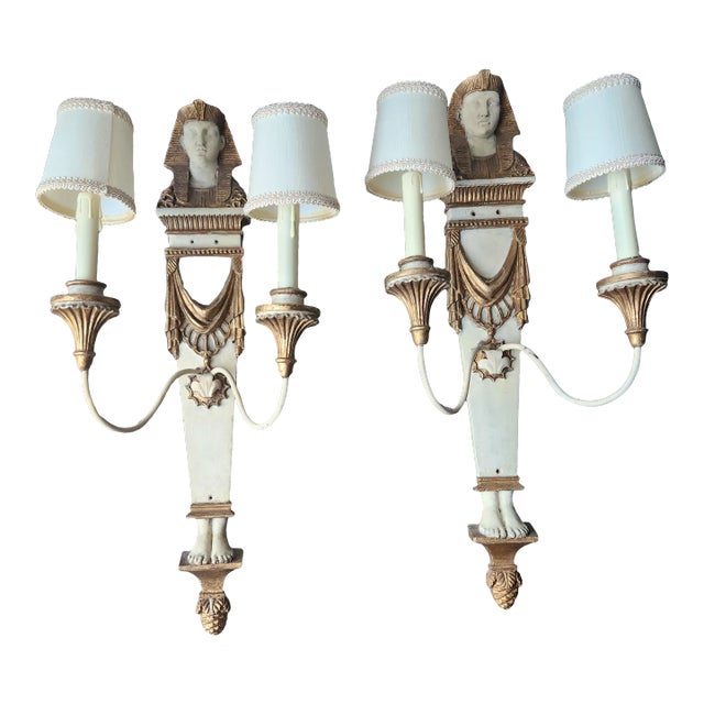 Italian Egyptian Revival Carved Wood Pharoah 2 Arm Sconces - A Pair For Sale