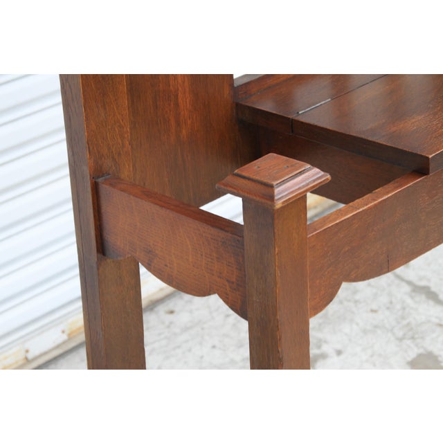 Mission oak antique hall tree with beveled mirror, umbrella stand with drip pans, hat hooks and covered storage box for...