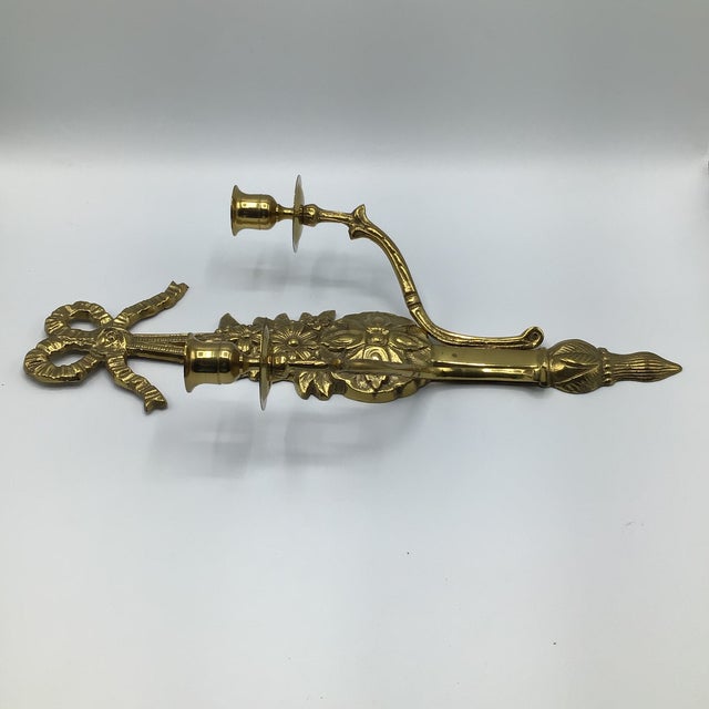 1970s Vintage Solid Brass Double Arm French Style Candle Wall Sconces - A Pair For Sale - Image 5 of 12