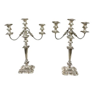Pair Antique Rococo Style Silver Plate Three Light Candelabras For Sale