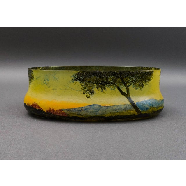 Legras France Signed Scenic Landscape Enamel Cameo Glass Jardiniere Bowl Vase For Sale - Image 4 of 7