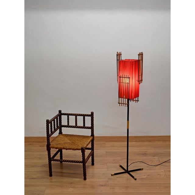 Italian Floor Lamp in Metal, Rattan, Brass and Red Acrylic attributed to Dal Vera, 1950s For Sale - Image 16 of 17