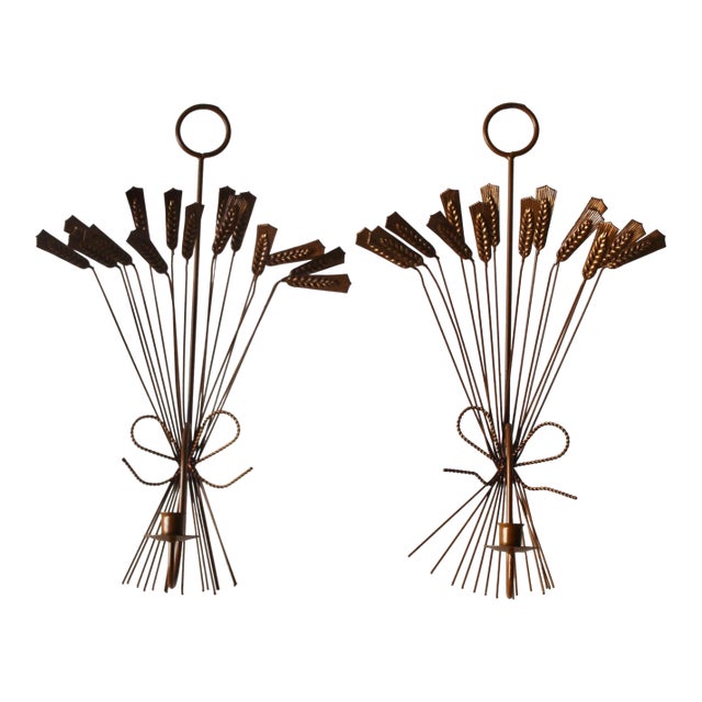 Italian Style Sheaves of Wheat Mid-Century Sculptural Wall Mount Candle Holders Sconces-a Pair For Sale