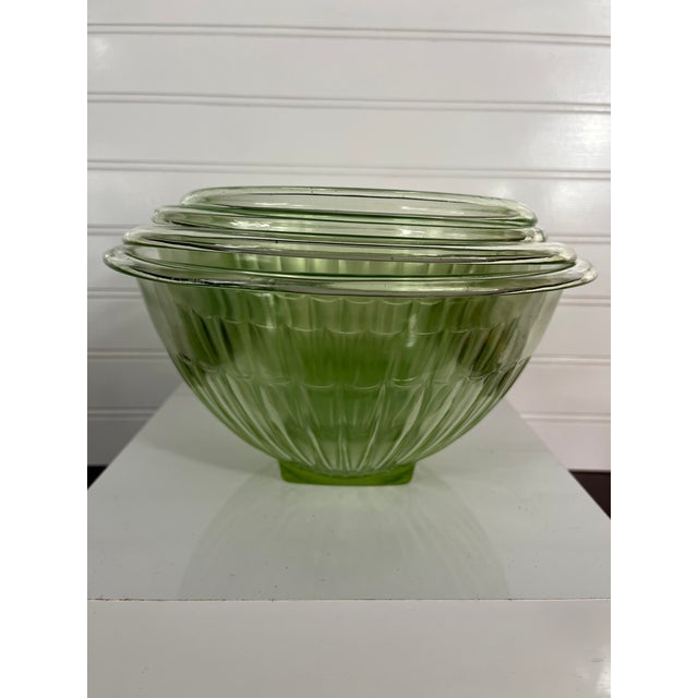 Vintage Uranium Glass Footed Nesting Bowls – Ribbed Sides & Square Bases- Set of 4 For Sale - Image 4 of 10