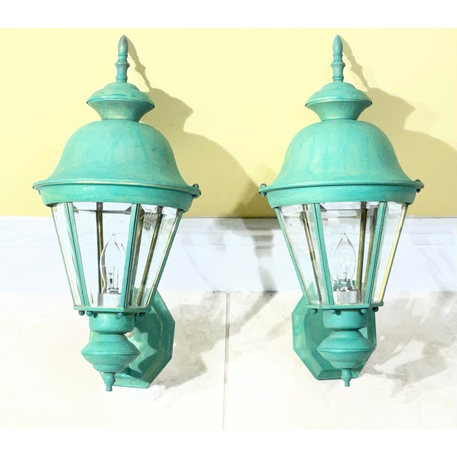 Pair Vintage Solid Brass Verdigris Carriage Lanterns-Traditional Colonial Style For Sale - Image 16 of 16