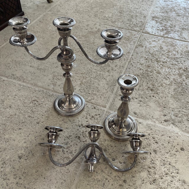 Metal Late 20th Century Sterling Silver Three Light Candelabras- a Pair For Sale - Image 7 of 7
