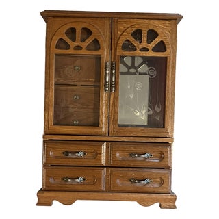 Large Vintage Jewelry Box Armoire Chest 16" Wood 2 Floral Rose Etched Glass Doors 5 Drawers Red Velvet Mirror Hooks Cottage Core For Sale