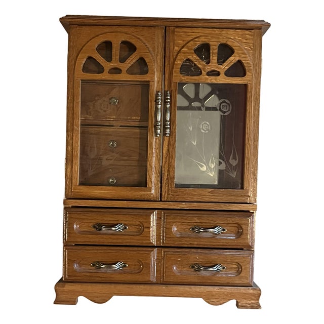 Large Vintage Jewelry Box Armoire Chest 16" Wood 2 Floral Rose Etched Glass Doors 5 Drawers Red Velvet Mirror Hooks Cottage Core For Sale