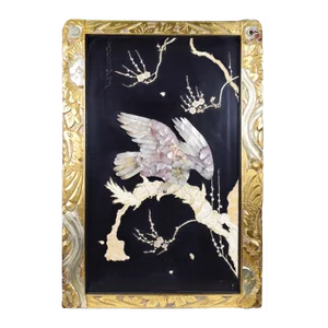 Early 20th Century Japanese Shibayama Bone Pearl Inlay Lacquer Panel