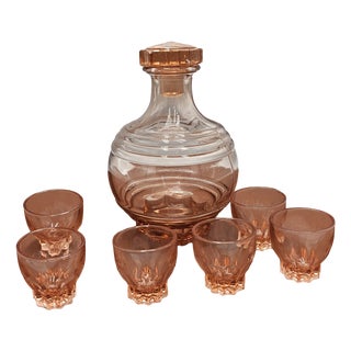 Art Deco Rosalin Pink Glass Decanter and Glasses, 1920s, Set of 7 For Sale