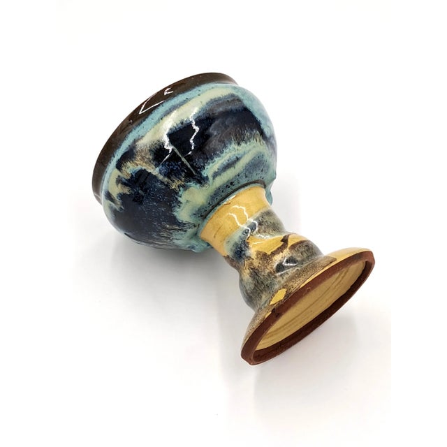 1990s Vintage Handmade Artisan Blue/Teal/Cream Abstract Studio Pottery Goblet For Sale - Image 5 of 7